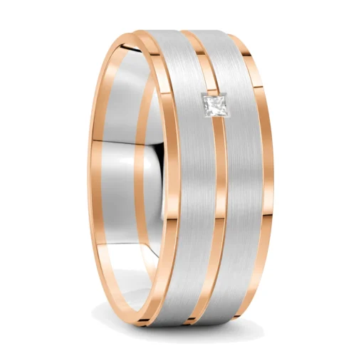 8mm Brushed and Polished Rose and White Gold Mens Wedding Ring with Diamond