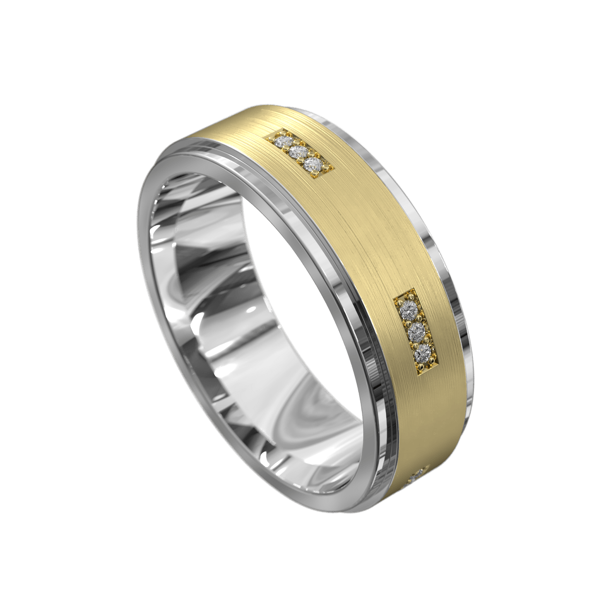White and Yellow Gold Brushed Mens Ring with Diamonds