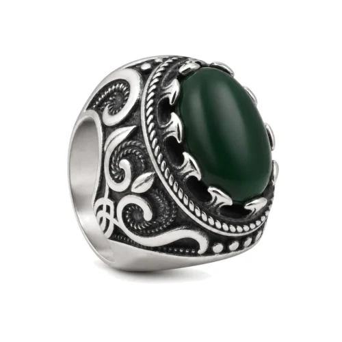 Carved Green Stone Mens Signet Ring