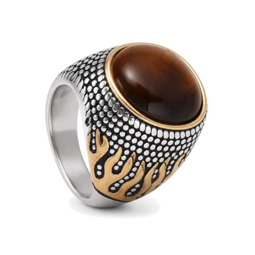 Ignite Gold-Flame Signet Ring with Tiger Eye Stone