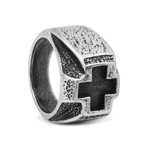 Distressed Steel Signet Ring with Chiselled Black Cross