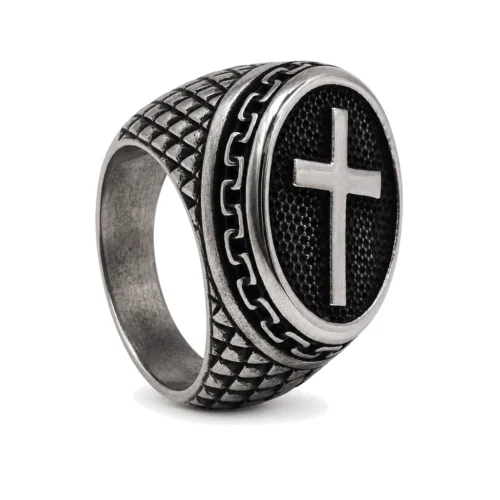 Nexus Aged Steel Cross Signet Ring