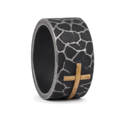Aged Steel Hammered Signet Ring with Gold Cross