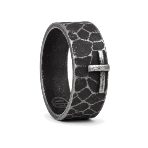 Aged Steel Hammered Signet Ring with Silver Cross