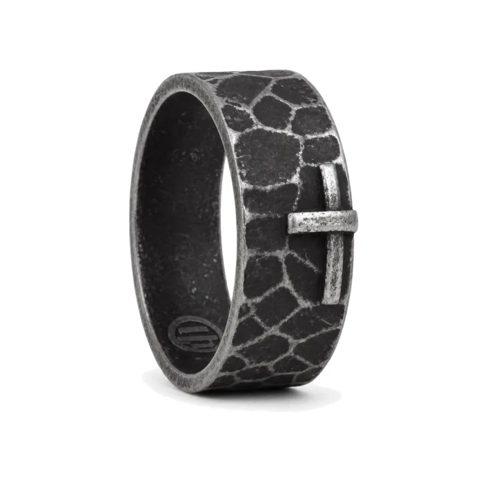 Aged Steel Hammered Signet Ring with Silver Cross