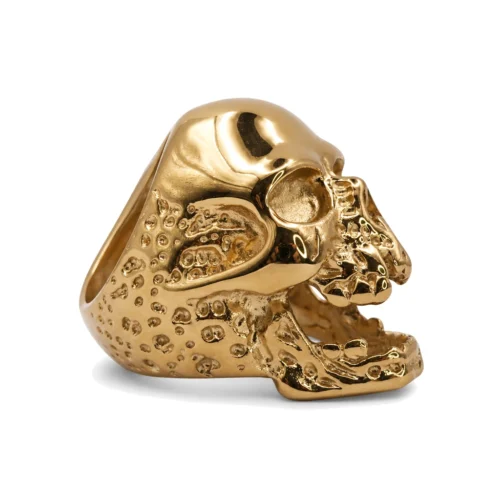 Skullstice Gold Polished Signet Ring with Large Skull Head