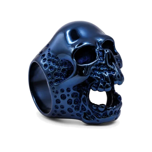 Skullstice Blue Polished Signet Ring with Large Skull Head