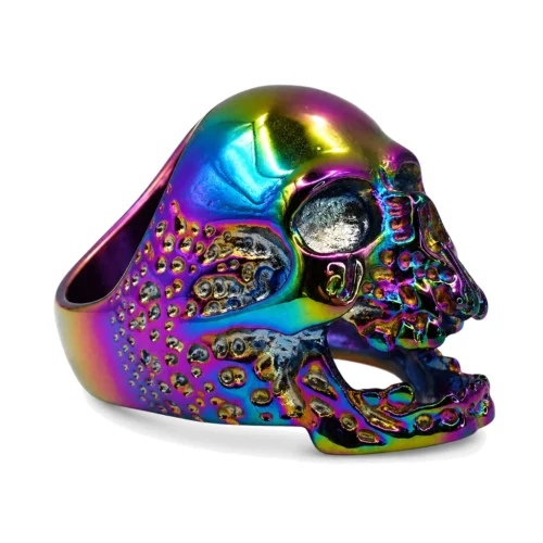 Skullstice Rainbow Polished Signet Ring with Large Skull Head