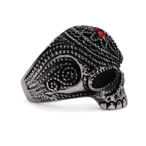 Nocturne Black Skull Signet Ring with Red Gem