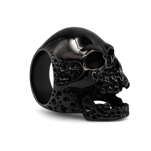 Skullstice Black Polished Signet Ring with Large Skull Head