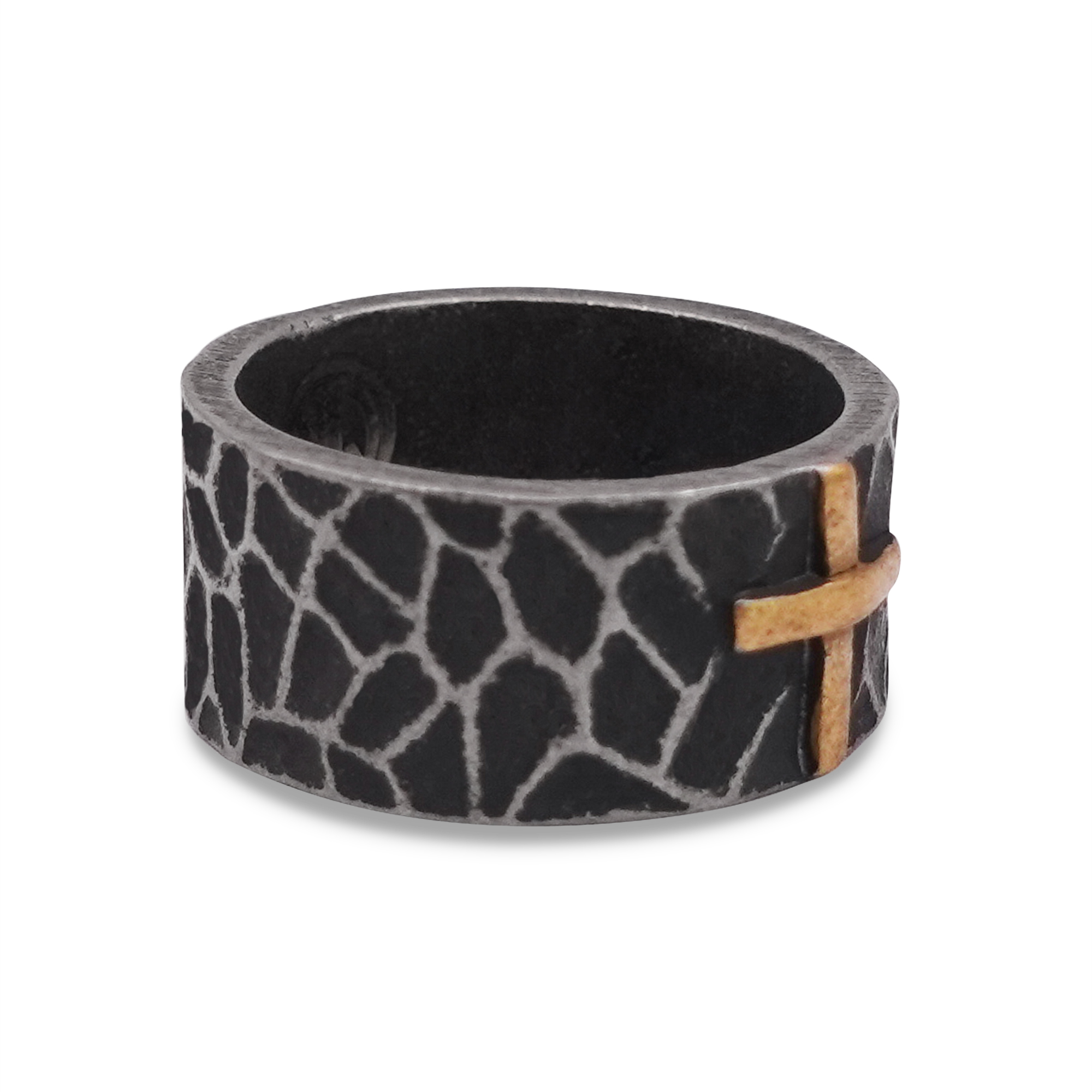 Aged Steel Hammered Signet Ring with Gold Cross