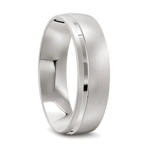 Classic White Gold Brushed Finish Offset Groove Mens Wedding Ring