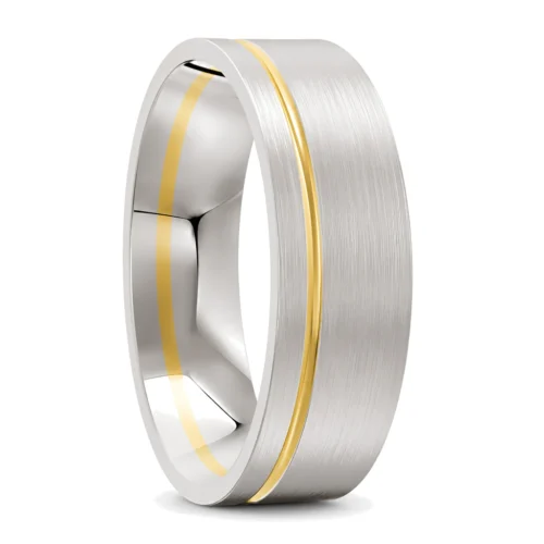 White and Yellow Gold Brushed Mens Wedding Ring