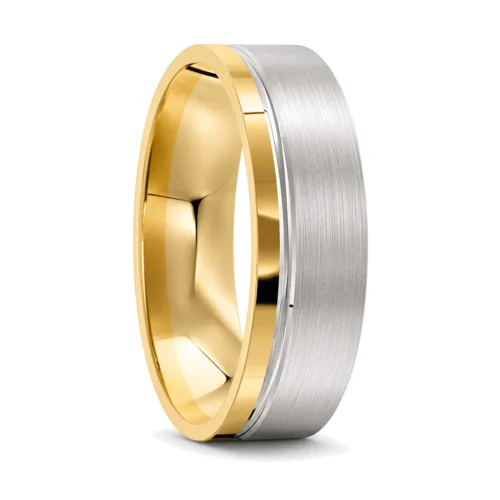 Offset Groove White and Yellow Gold Mens Wedding Ring