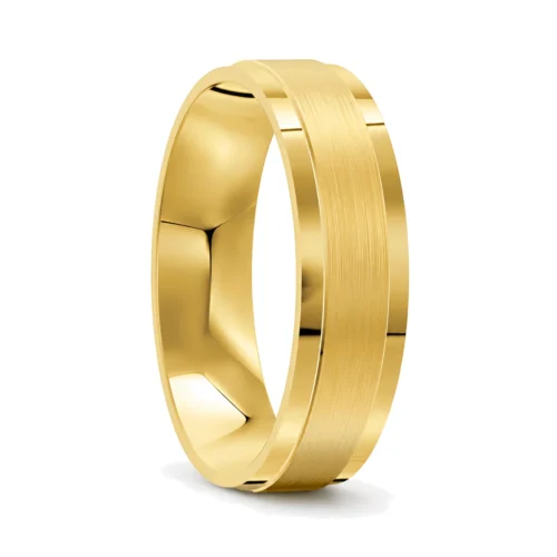 Yellow Gold Brushed Mens Wedding Ring with Polished Edges