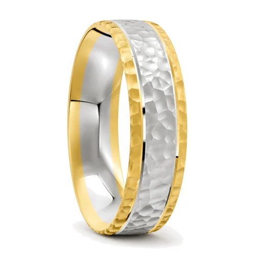 Yellow and White Gold Mens Ring with Hammered Finish