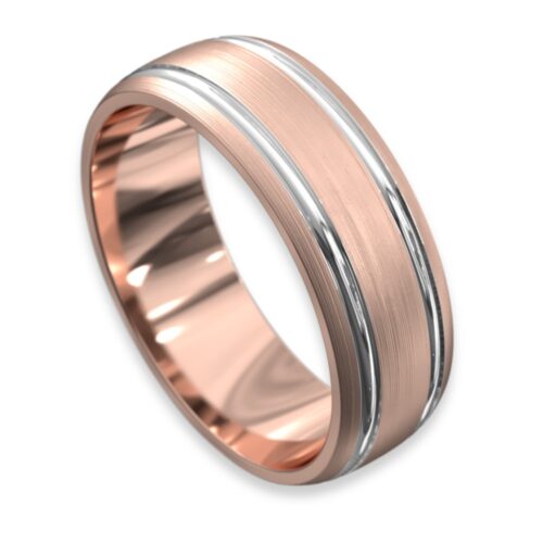 Rose gold mens wedding ring with white gold grooves