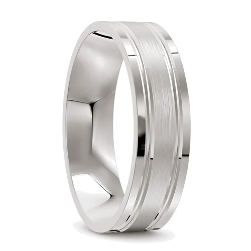 Brushed and Polished Grooved Silver Mens Ring