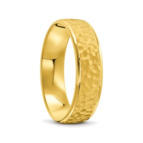 Brilliant Yellow Gold Hammered Mens Wedding Ring
