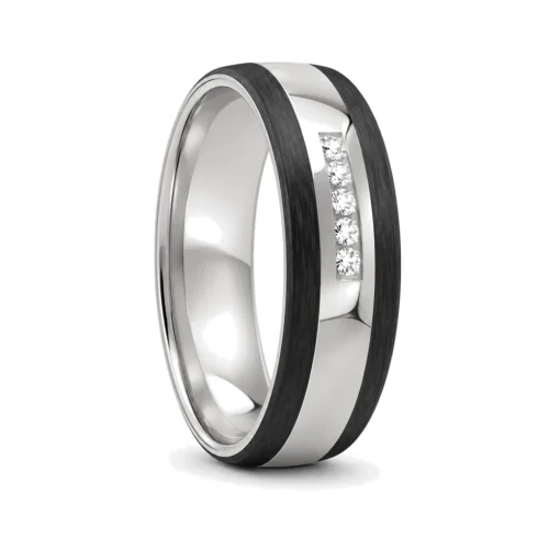 White Gold Carbon Fibre Five Diamond Mens Ring