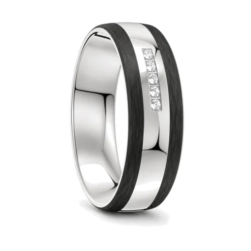 Platinum Carbon Fibre Five Diamond Mens Ring