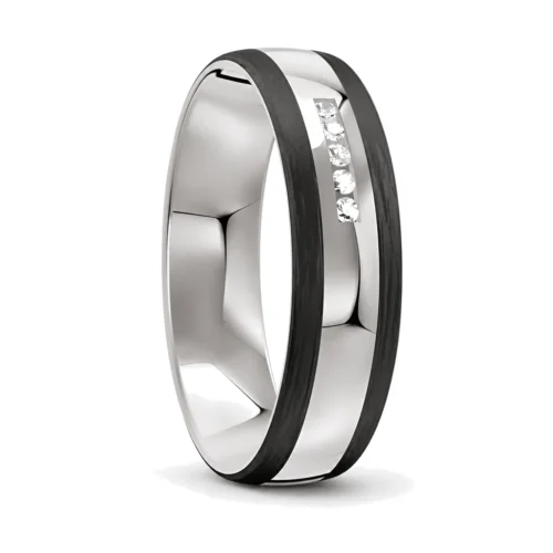 Silver and Carbon Fibre Five Diamond Mens Ring