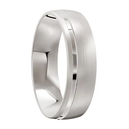 Classic White Gold Brushed Finish Offset Groove Mens Wedding Ring