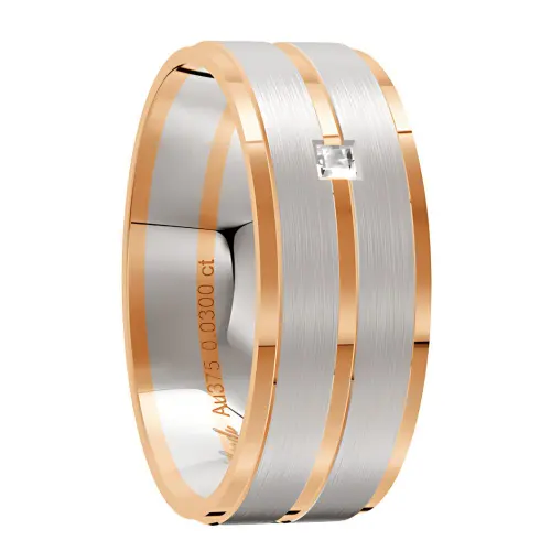 8mm Brushed and Polished Rose and White Gold Mens Wedding Ring with Diamond