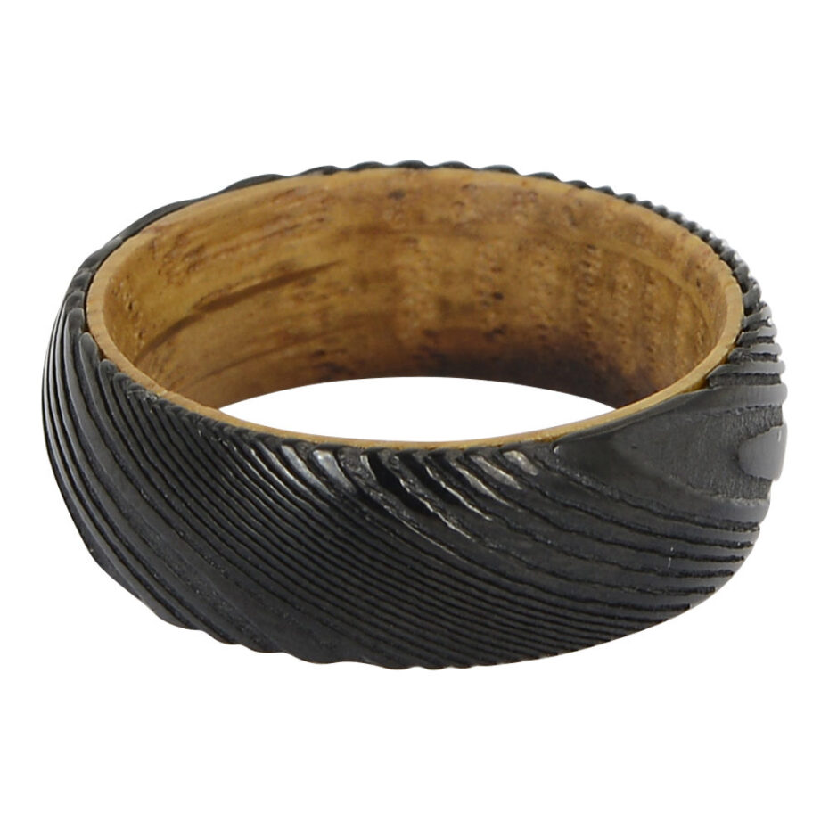 Black damascus steel and wood ring