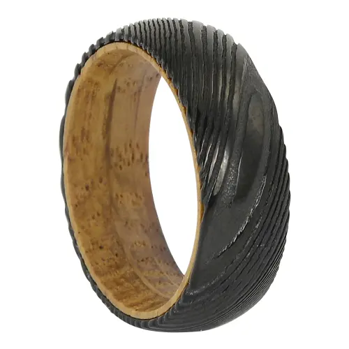 Black Damascus Steel and Whiskey Barrel Wood 8mm Mens Ring