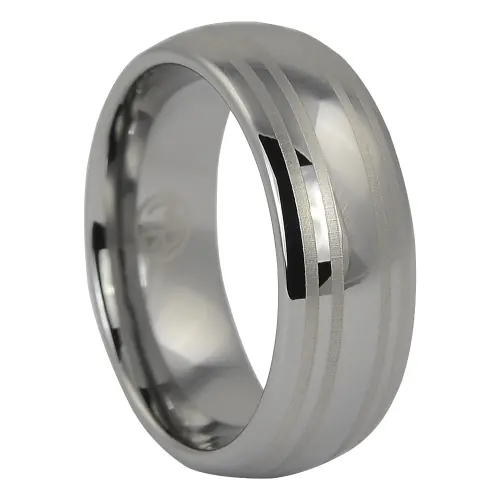 Dome Polished 8mm Tungsten Ring with Dual Brushed Line Accents