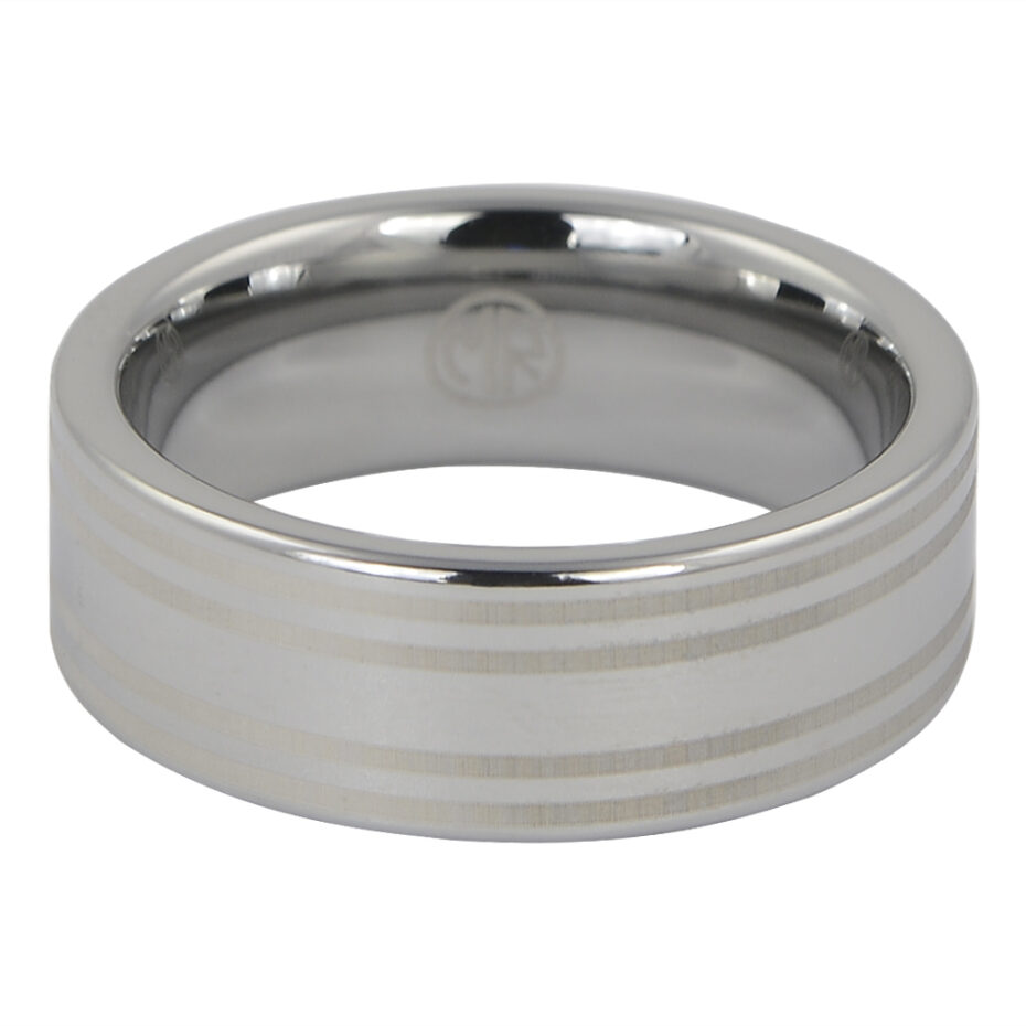 Wide Flat Polished Tungsten Ring with Dual Brushed Line Accents