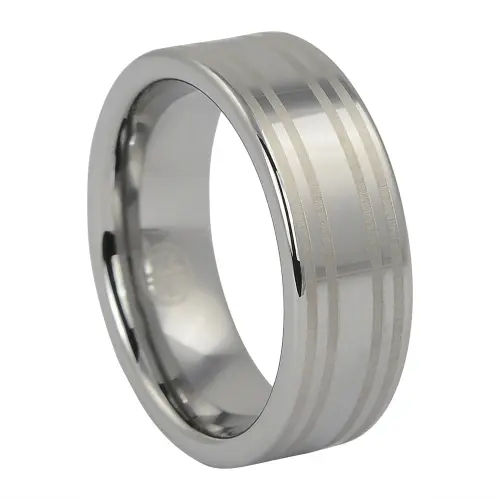 Wide Flat 8mm Polished Tungsten Ring with Dual Brushed Line Accents