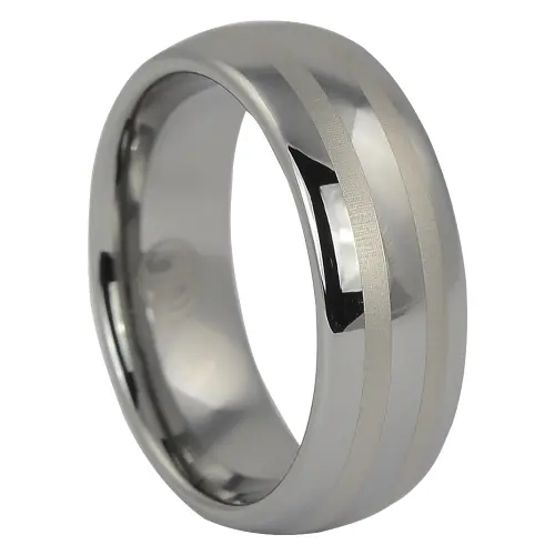 Dome Polished 8mm Tungsten Ring with Brushed Center Line Accents