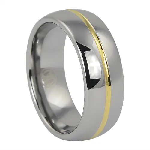 Polished Dome 8mm Tungsten Ring with Gold Center Line