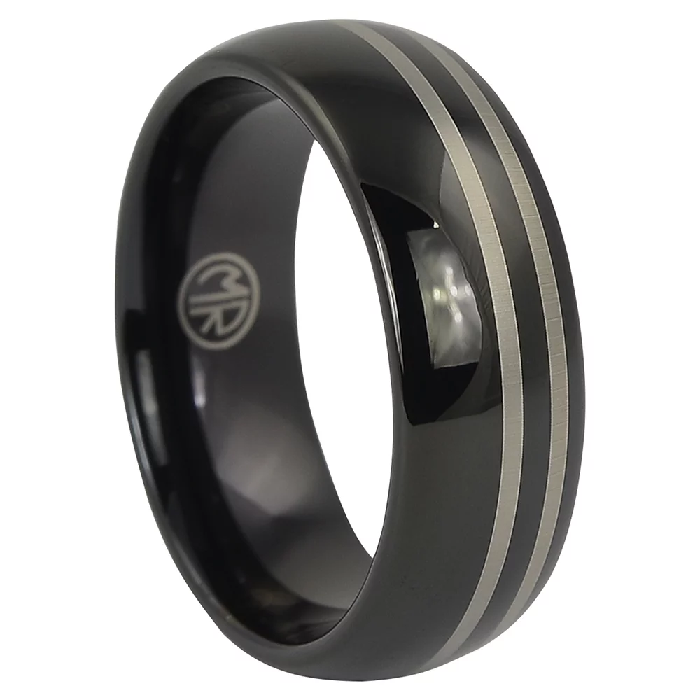 Black Tungsten 8mm Mens Ring With Twin Offset Stripes