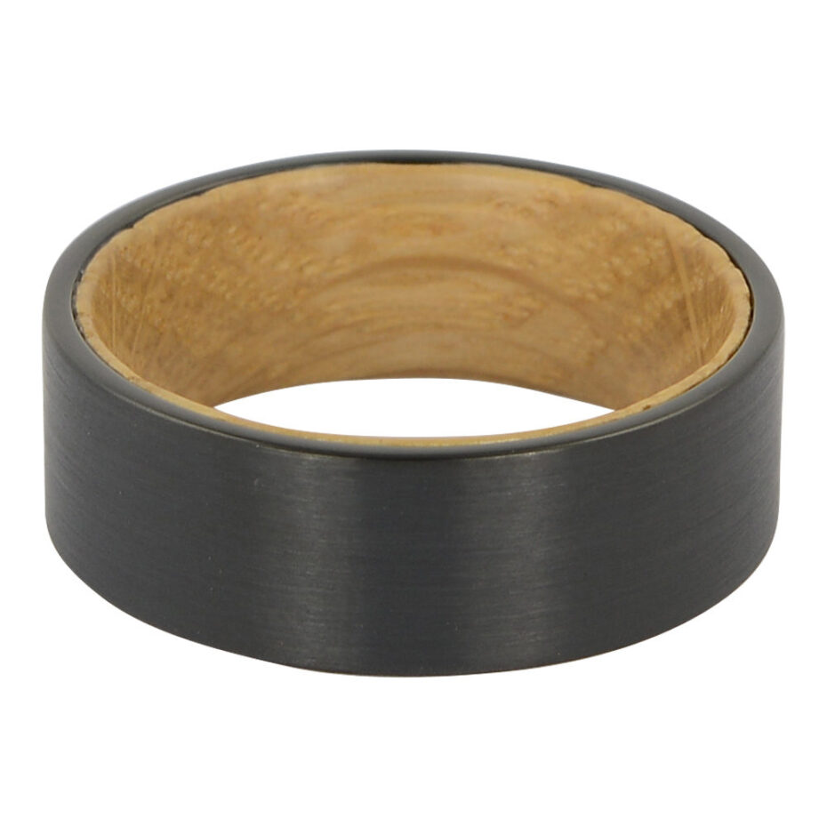 Black tungsten with whiskey barrel wood mens ring