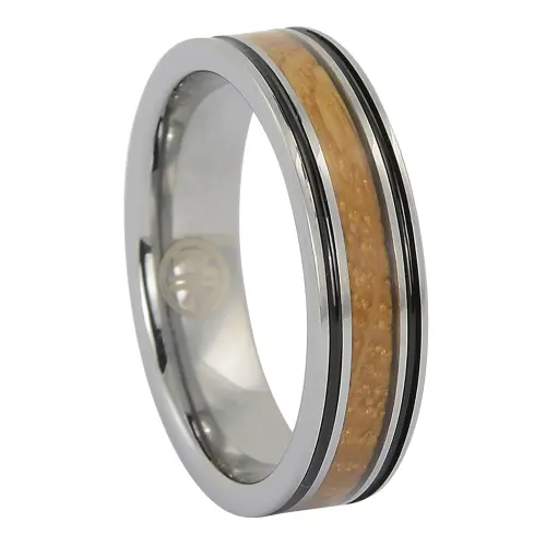 Black Grooved Tungsten and Whiskey Barrel 7mm Wood Mens Ring