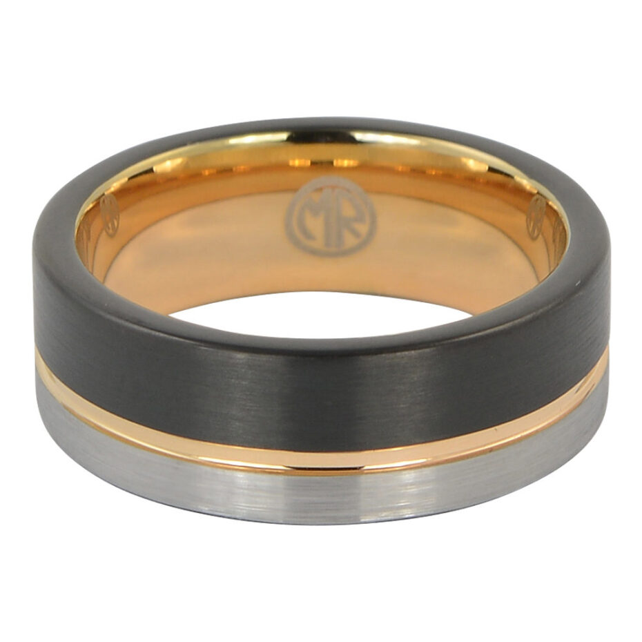 Black and rose gold tungsten mens ring