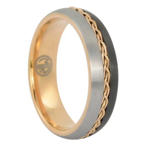 Tungsten and Rose gold rope mens ring