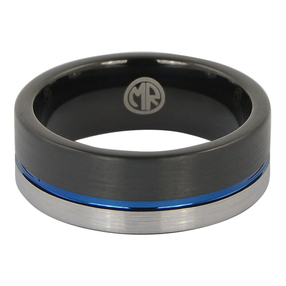 Tungsten Black and Blue Mens Ring