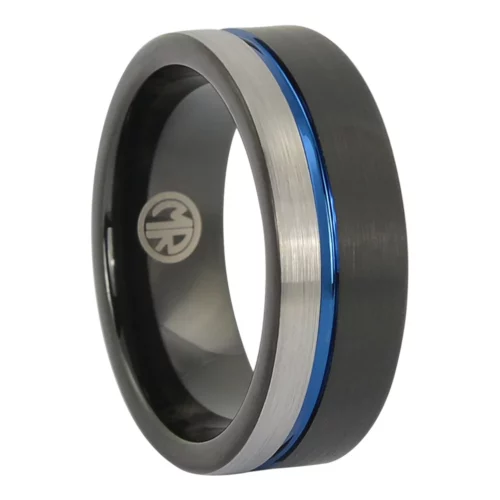 Tungsten Black and Blue Mens Ring