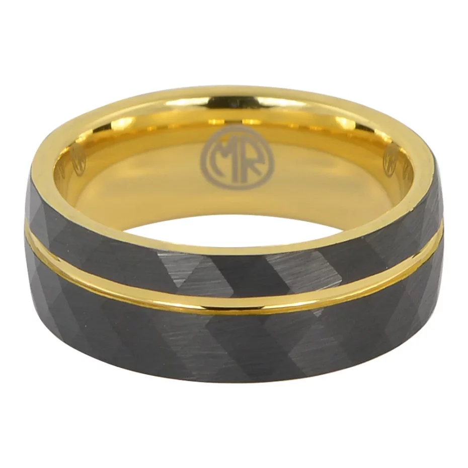 Tungsten faceted gold mens ring