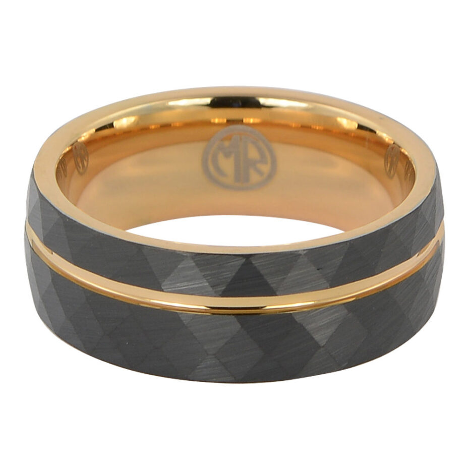 Tungsten faceted rose gold mens ring