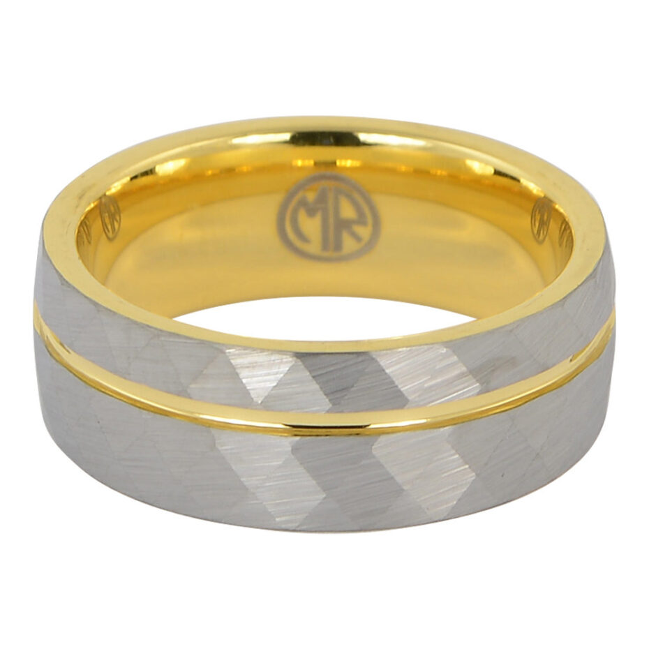Tungsten faceted gold mens ring