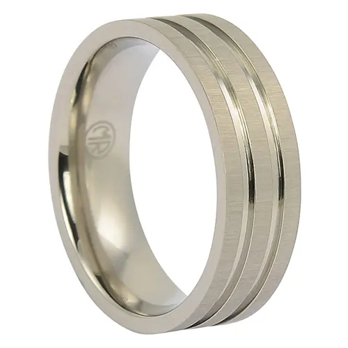 Brushed Titanium Mens Ring 7mm With Twin Grooves