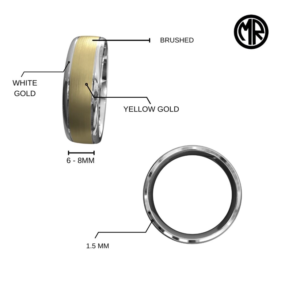 White and Yellow Gold Brushed Mens Wedding Ring
