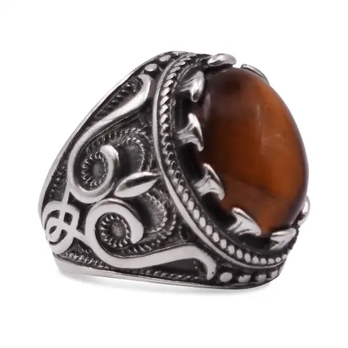 Amberon: Brown Stone Stainless Steel Signet Ring