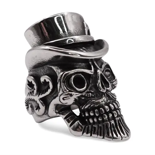 Baron Bearded Skull & Top Hat Polished Signet Ring