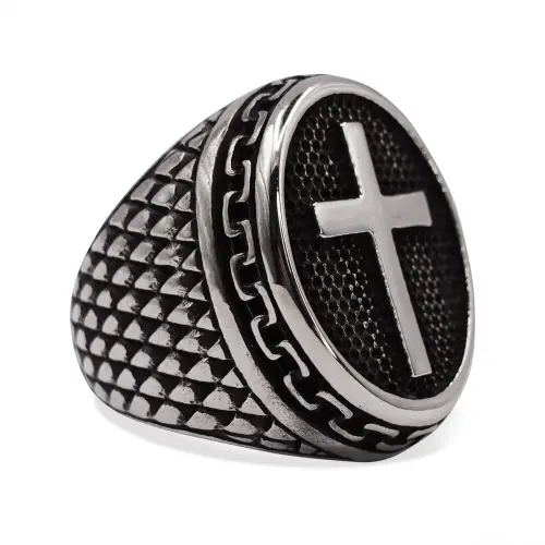 Nexus Aged Steel Cross Signet Ring